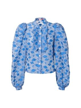 custommade Dolina Blouse Blue 3D Floral Pearl Button Puff Sleeve Shirt SZ XS